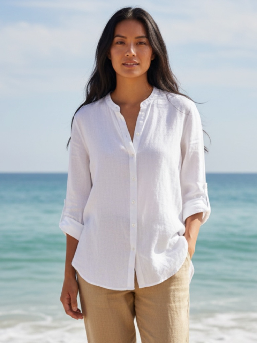 Eileen Fisher Shirt Top Blouse Sz PS PP Petite Small White Organic LINEN